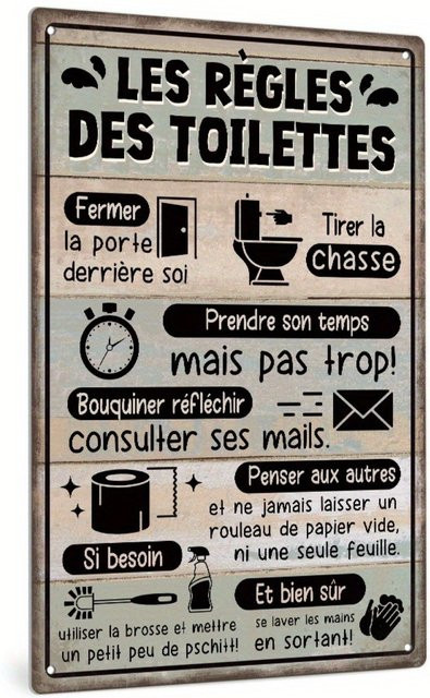 Putuo Decor Vintage Metallschild Französische Toilettenregeln als Badezimmer Wandkunst Dekoration in Weiß, B/H: 20 x 30 cm - Bild 1