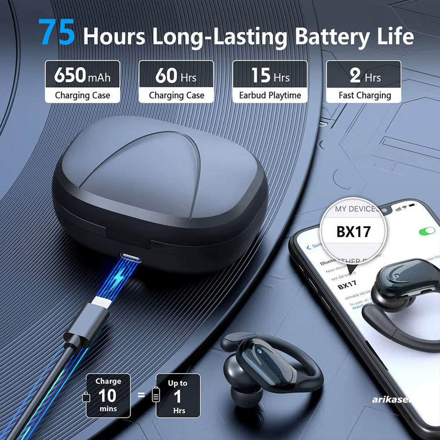Arikasen Kabellose In-Ear Bluetooth 5.3 Kopfhörer mit Digitalanzeige und Ohrbügel in Schwarz - Bild 4