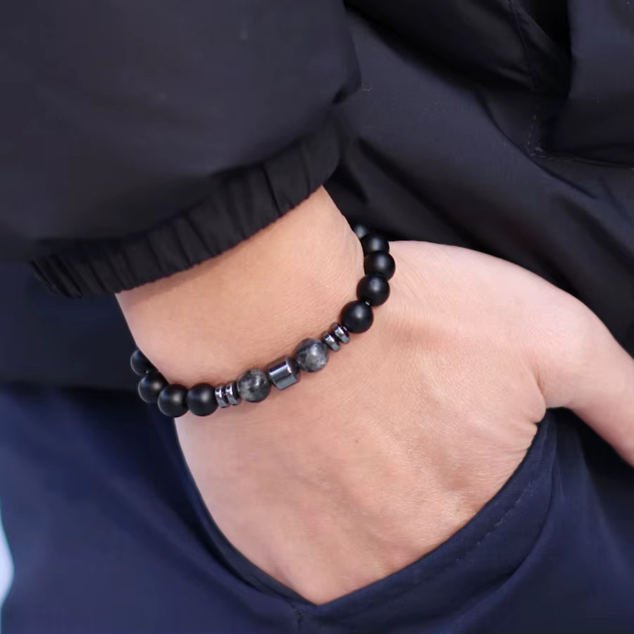 Perlenarmband, Vulkanstein, Tigeraugen, Howlith, Onyx, Schwarz, Unisex - Bild 2