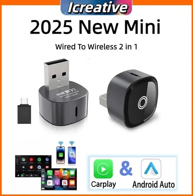 Icreative Mini Kabelloser CarPlay & Android Auto Adapter 2-in-1 Dongle in Schwarz - Bild 1
