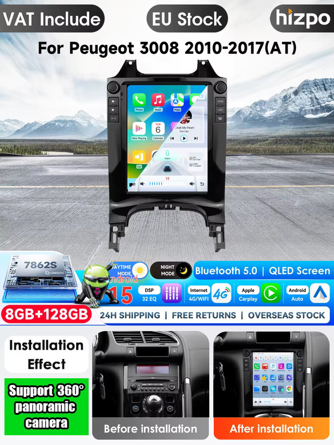 Hizpo Android Auto Multimedia-Autoradio für Peugeot 3008 AT 2010 - 2017 mit 9,7 Zoll Display, GPS, WIFI und 4G Navigation in Schwarz - Bild 1