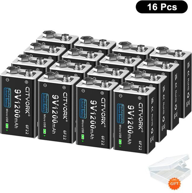 CITYORK 9V USB Li-Ion Akku 1200mAh 6F22 mit USB-C Anschluss, 16 Stück, Schwarz - Bild 1