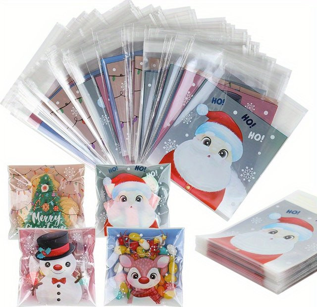 100 Stück EIK Weihnachts-Geschenktüten mit Weihnachtsmann und Schneemann Motiv, transparente selbstklebende Kekstüten für Weihnachtsfeiern und Neujahr - Bild 1
