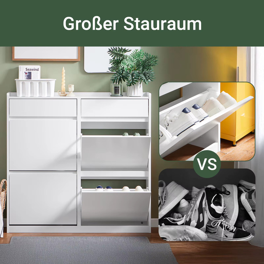 SoBuy Schuhschrank FSR169-W mit 4 Klappen in Weiß, schmaler Schuhkipper mit Regalfächern, B/H/T: 98 x 95 x 19 cm - Bild 4