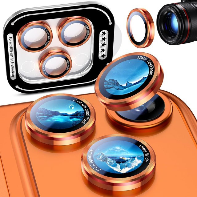 NYFundas Kameraobjektiv-Schutzhülle aus gehärtetem Glas und Metall für iPhone 17 Pro Max, 16 Plus, 15, 14, 13 Mini und 17 Pro in Orange - Bild 1