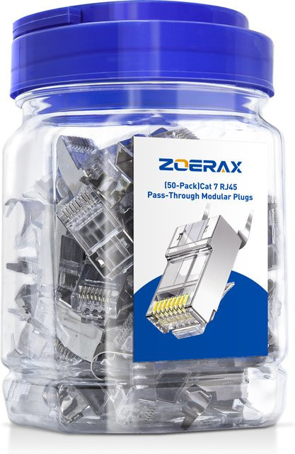 ZOERAX 50 Stück RJ45 Cat6A Cat7 Pass-Through-Steckverbinder, vergoldete 8P8C Modular-Datenstecker für Ethernet/LAN - Bild 1