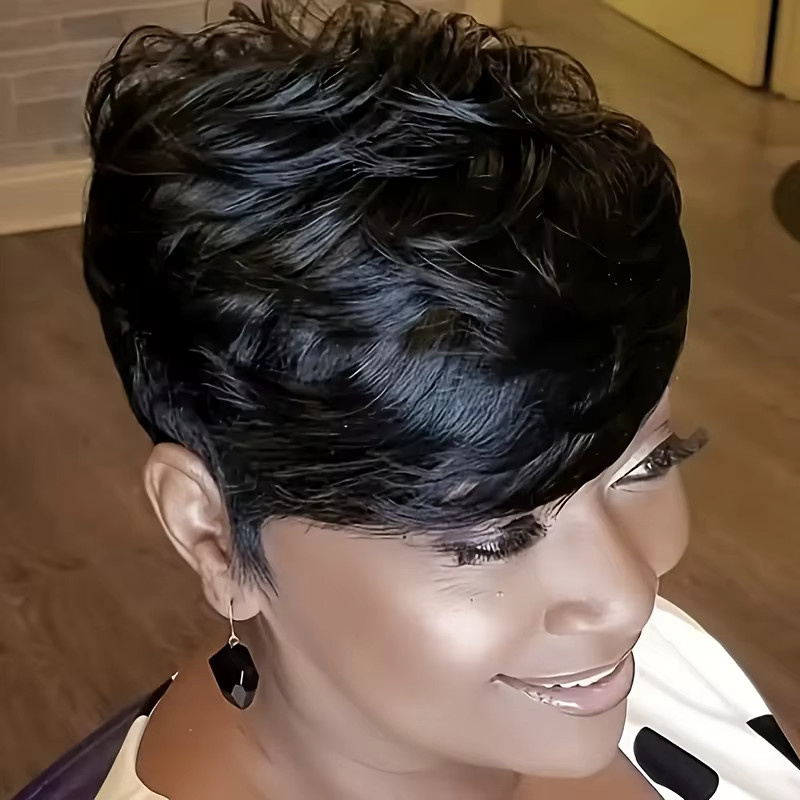 OYM HAIR Pixie-Schnitt-Perücke, brasilianisches Echthaar, schwarzblond, Damen - Bild 2