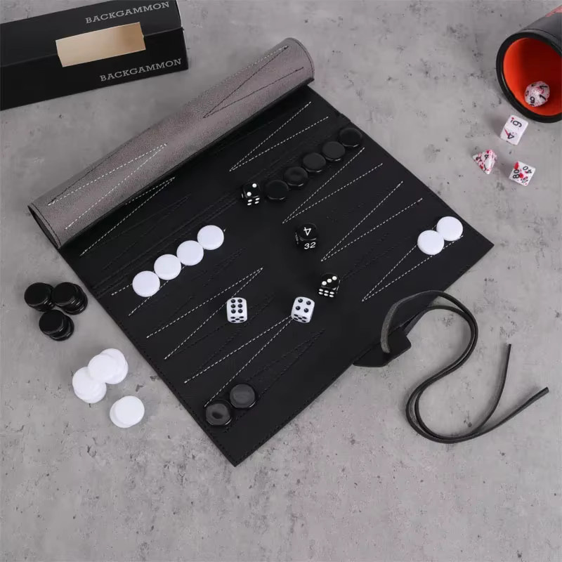 Ninth World Backgammon Roll-Up Reise-Brettspielset aus PU-Leder Schwarz - Bild 2