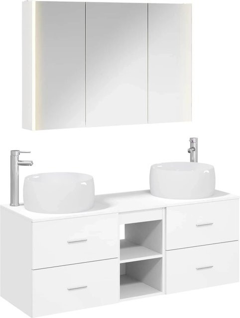vidaXL Badezimmermöbel-Set 4-teilig in Weiß aus Ingenieurholz und Glas mit LED-Beleuchtung und Waschtischunterschrank - Bild 1