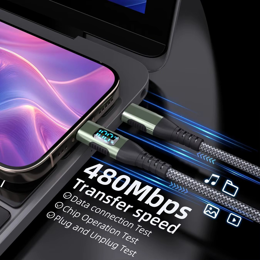 LAIHONEN USB-C zu USB-C Kabel mit LED-Anzeige, 100W PD Schnellladung und 480Mbps Datenübertragung, Nylon-Ummantelung, Schwarz - Bild 2