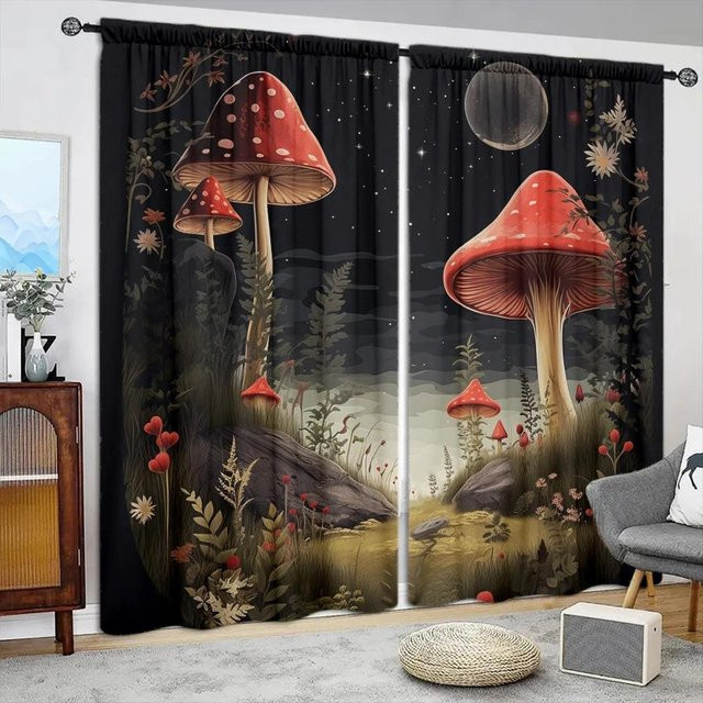 2er-Set Dunkler Pilz-Druckvorhang aus Polyester in Grau und Schwarz, semi-transparent, B/H: 52,5 x 116 cm - Bild 1