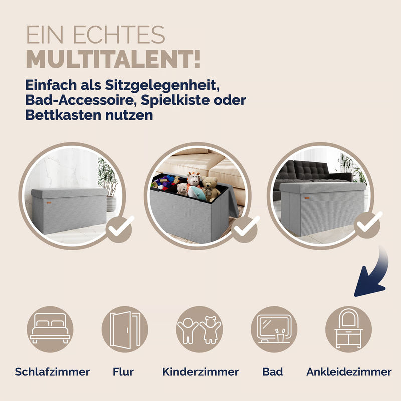 Faltbare Sitzbank von CASARIA aus Cord und MDF in Grau, B/T/H: 76 x 38 x 38 cm - Bild 5