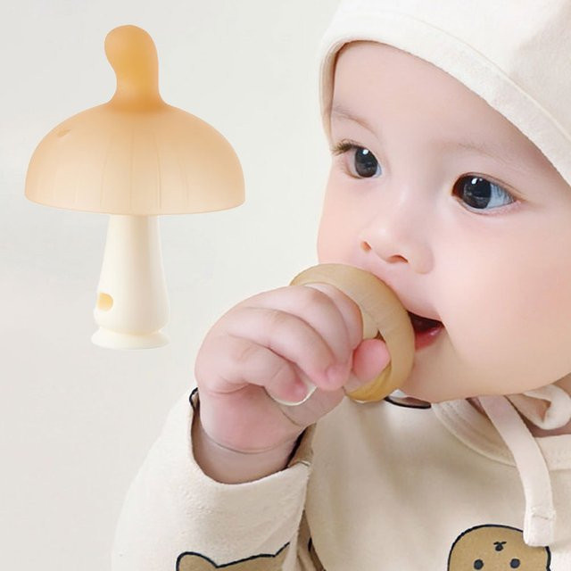 Beißspielzeug Pilz aus Silikon für Säuglinge in Beige mit Etui - Bild 1
