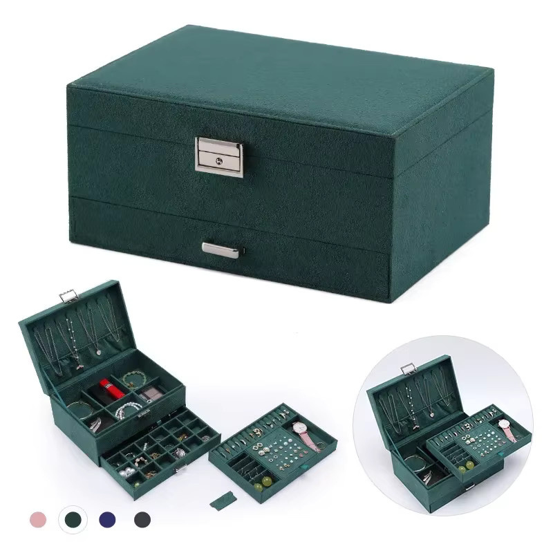 ANGLANG Schmuckkasten für Damen mit Schloss aus Samt, 3-schichtiger Schmuck Organizer für Ringe und Halsketten, Schwarz oder Grün - Bild 3