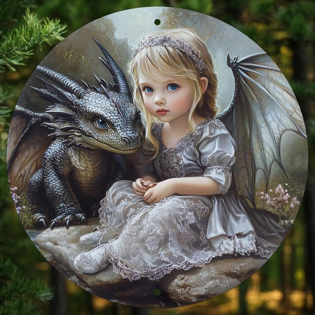 Rundes Aluminiumschild Potdemiel Fantasy Dragon and Girl Vintage Metallwandkunst Multicolour Durchmesser: 20,3 cm - Bild 1