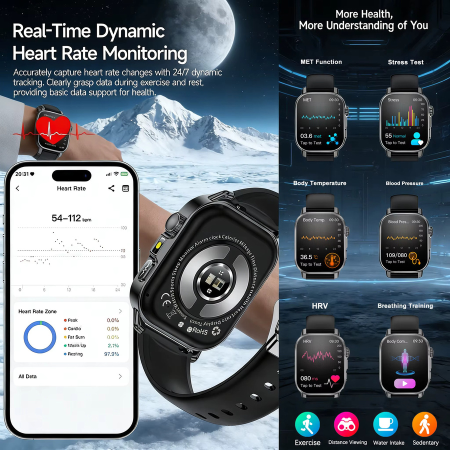 GUHUAVMI Smartwatch mit Harnsäure- und Lipid-Gesundheitsanalyse, EKG, PPG, Bluetooth-Anruf und 2,01 Zoll LED-Taschenlampe für Herren und Damen in Schwarz und Pink - Bild 5