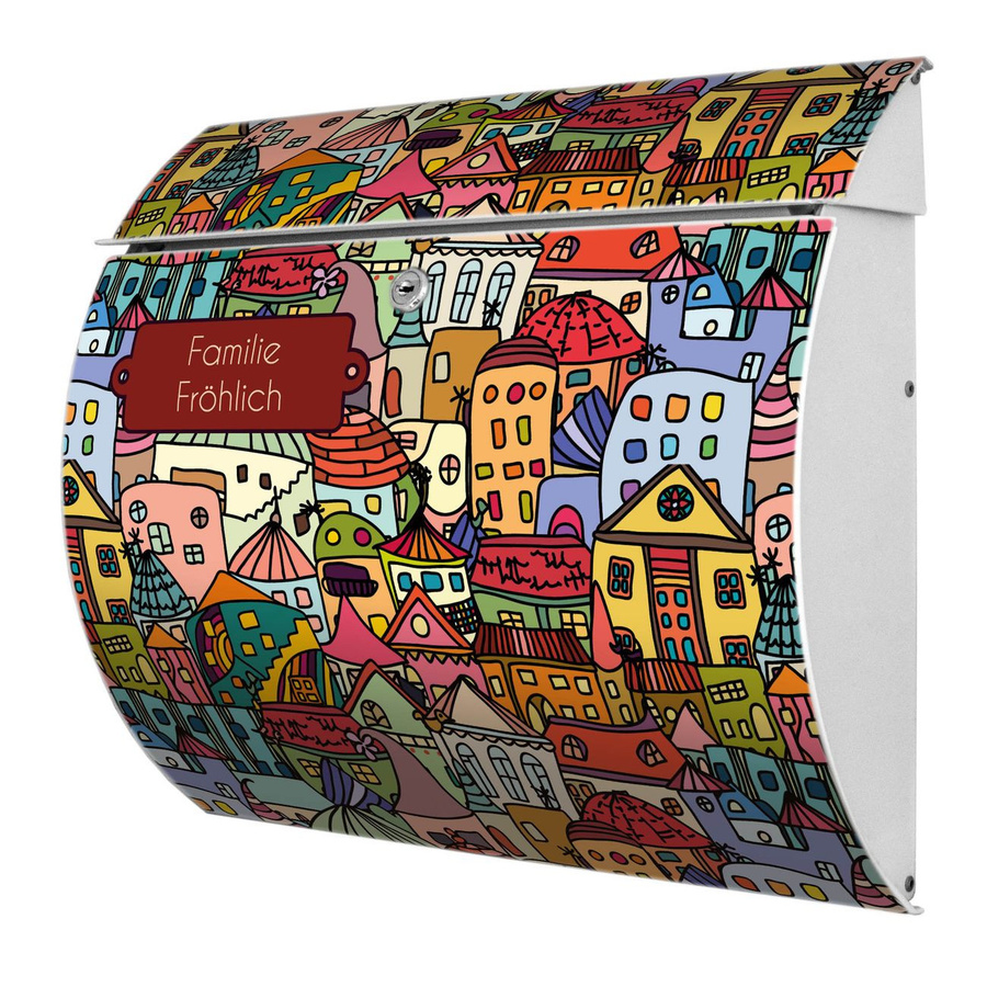 Personalisierter Stahl Briefkasten Burg-Wächter in Weiß mit Motiv Funky Town, B/H/T: 33,0 x 37,6 x 10,6 cm - Bild 1