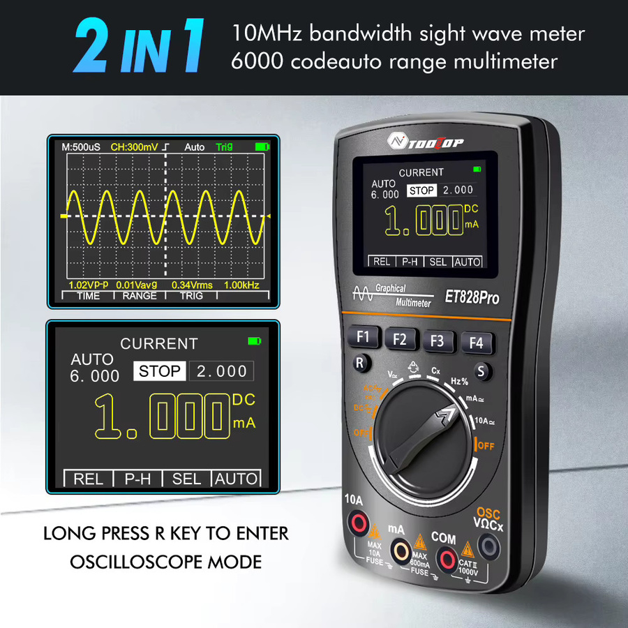 TOOLTOP ET828Pro Handheld Digital Oszilloskop 10 MHz mit 50 Msps und True RMS Multimeter in Schwarz - Bild 4