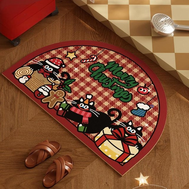 VIKAMA Halbrunde Weihnachtsfußmatte Frohe Weihnachten, bunte Willkommensmatte für den Eingangsbereich und Wohnzimmer, Durchmesser: 60 cm - Bild 1