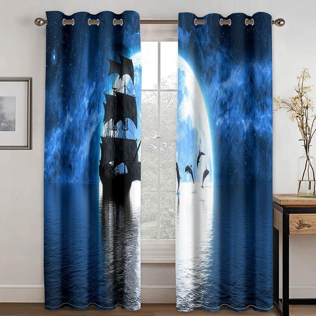 Zweiteiliger Vorhang mit Bizarre Landschaft Tiermuster im 3D Digitaldruck, blau, semi-transparent, B: 50 cm, H: 130 cm - Bild 1