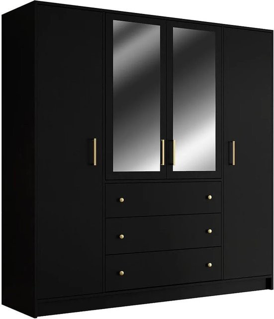 Vente-unique Kleiderschrank Lizandro in Schwarz im Art Deco Design mit integrierten Schubladen und Spiegeltüren, Höhe: 196 cm, Breite: 200 cm, Tiefe: 58 cm - Bild 1
