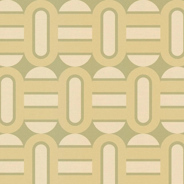 PROFHOME Retro Tapete Geometrisch in Grün und Creme-Weiß, Vlies-Tapete mit mattem Finish, Breite: 0,53 m, Länge: 8,50 m - Bild 1