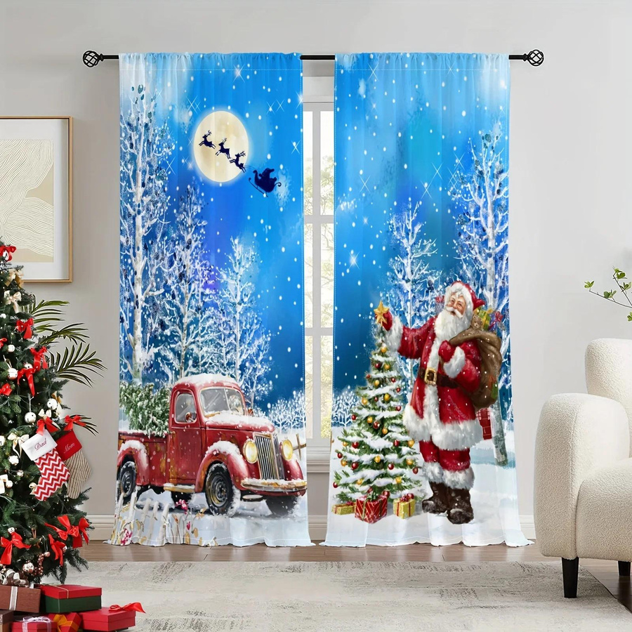 2er-Set Weihnachtsvorhänge in Blau mit Schneelandschaft, Weihnachtsmann und Auto, lichtfilternd, Breite: 65 cm, Höhe: 60 cm - Bild 1