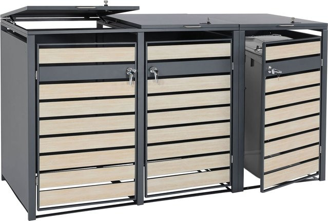 MCW 3er Mülltonnenverkleidung J81 Mülltonnenbox aus Metall in Anthrazit mit Buche-Holzoptik Hellbraun, B/T/H: 200 x 117 x 80 cm - Bild 1