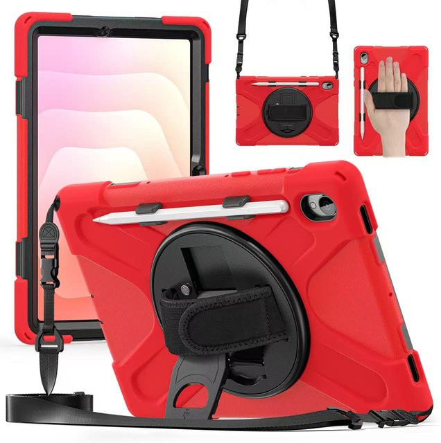 Stoßfeste Standhülle für Samsung Galaxy Tab S11 Ultra SM-X930/X936/X936B mit Schultergurt und Handgelenkband, Gepanzertes Cover, Rot - Bild 1