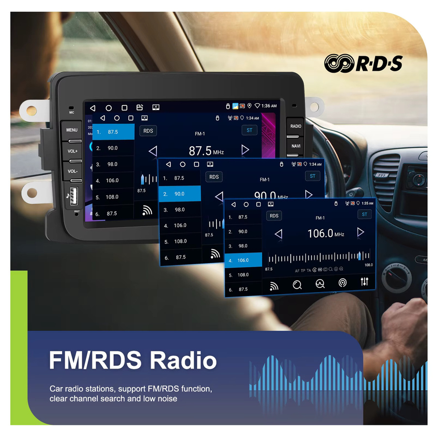 Podofo 2 Din Android Autoradio 7 Zoll für Renault Dacia Sandero Duster mit 4G+64G, GPS-Navigation, WLAN, kabellosem CarPlay, Android Auto und Bluetooth in Schwarz - Bild 5
