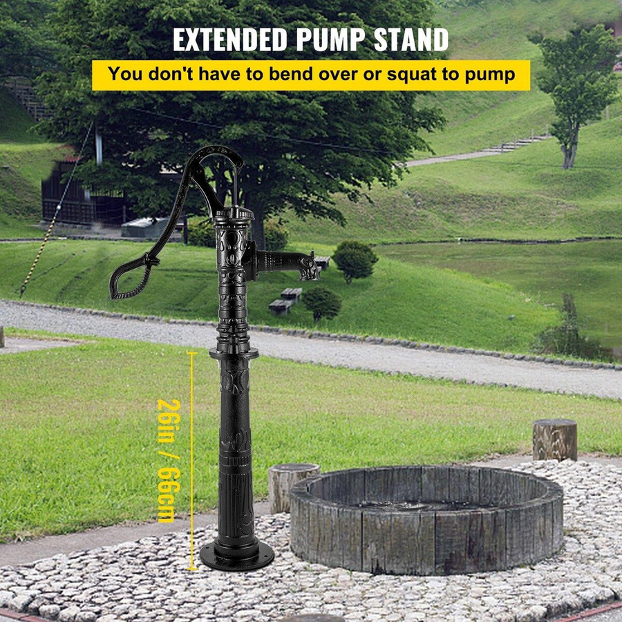 Manuelle Wasserpumpe aus Gusseisen mit Ständer in Schwarz von SYBC, Rustikaler Brunnen mit 1/2 Zoll Anschlüssen, H x B x T: 134,87 x 39,63 x 23,88 cm - Bild 2