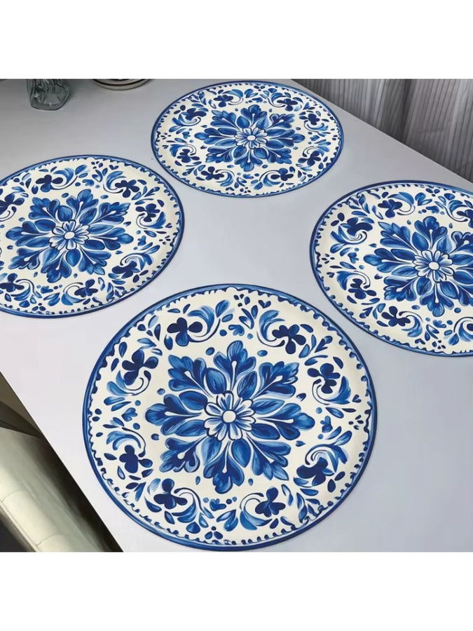 VIKAMA 4er Set runde Tischsets aus Leinen mit blau-weißem mediterranem Blumenmuster, rutschfest und hitzebeständig - Bild 3