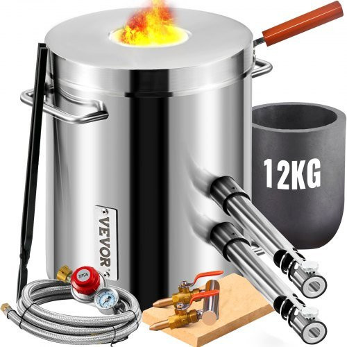 VEVOR Propan Schmelzofen aus Edelstahl für Metall mit 12 kg Kapazität, inklusive 2 Brennern und Tiegel, silberfarben - Bild 1