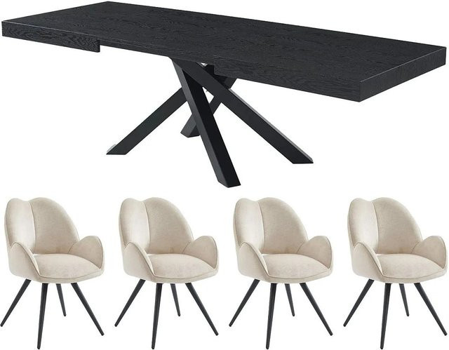 Vente-unique Essgruppe Catonav in Schwarz mit ausziehbarer Tischplatte und Stühlen - Bild 1