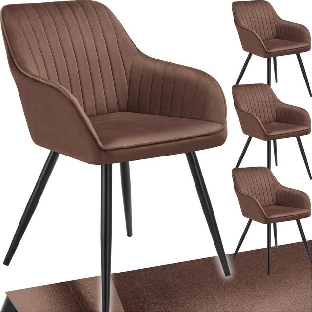 tectake Esszimmerstuhl Marilyn 4er Set, gepolstert in Samtoptik mit Steppmuster und Stahlbeinen, Braun/Schwarz, B: 58 cm, T: 62 cm, H: 82 cm - Bild 1