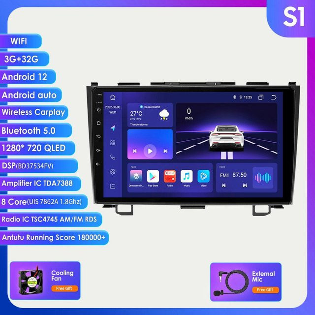 Hizpo Android Autoradio mit 9 Zoll Display für Honda CRV 2007 - 2012, 2Din Multimedia Player mit Carplay, GPS, WIFI, Bluetooth und DSP, Schwarz - Bild 1