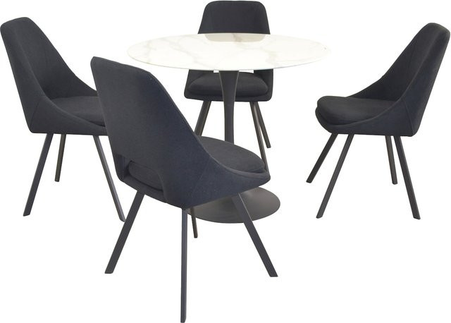 Möbel direkt online 5-teilige Tischgruppe mit rundem Esstisch in Marmoroptik und 4 Stühlen aus Sicherheitsglas und Metall in Schwarz oder Weiß - Bild 1