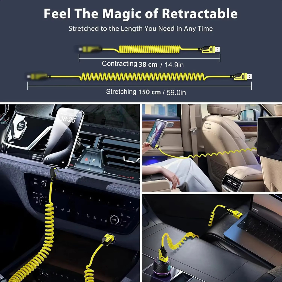 3-in-1 PD Schnellladekabel Teleskop-Spiralkabel Gelb mit USB-A zu USB-C, Lightning und Micro-USB - Bild 4