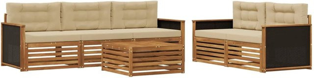 vidaXL Outdoor-Sofagarnitur aus Akazienholz in Natur und Beige mit 6 Teilen und Polsterkissen - Bild 1