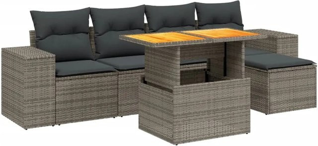 vidaXL 6-teilige Garten-Sofagarnitur aus Polyrattan in Grau mit Kissen und Couchtisch - Bild 1