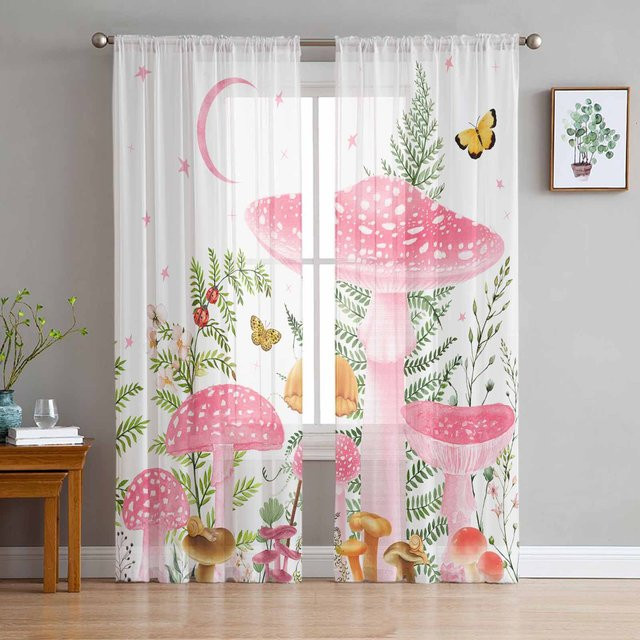 Super Six Chiffon-Fenstervorhänge mit Pilzen, Fuchs und Eukalyptusblättern in Weiß, Breite: 135 cm, Höhe: 114 cm - Bild 1