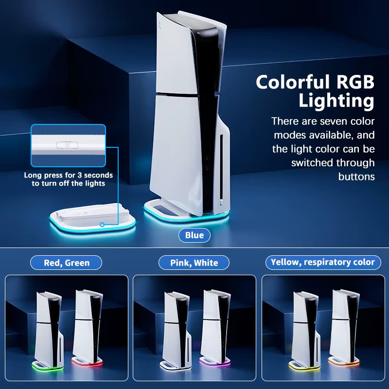 HONCAM RGB Vertikalständer für PS5, PS5 Slim und PS5 Pro in Schwarz und Weiß mit 7 LED-Leuchten und Anti-Rutsch-Pad für Disc- und Digital-Versionen - Bild 3