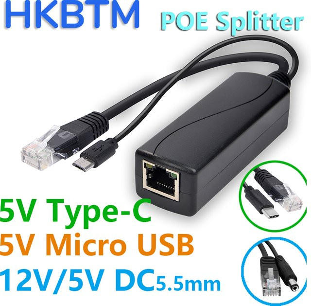 HKBTM POE Splitter Netzteil für Huawei, Hikvision, Bobcat und Raspberry Pi mit Micro-USB, USB-C und Barrel Jack in Schwarz - Bild 1