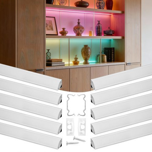 VEVOR LED Profil 10er-Pack V-Form in Silber aus eloxiertem Aluminium mit milchiger Abdeckung, Endkappen und Befestigungsclips für LED-Streifen, ideal für Unterbauleuchten an Arbeitsplatten - Bild 1