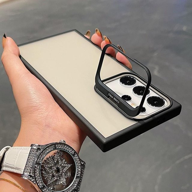 Sansooy Stoßfeste Handyhülle mit Kamera-Ständerhalter für Samsung Galaxy S24 S23 S22 Ultra Plus A55 A54 A53 in Schwarz und Transparent mit mattem Finish - Bild 1