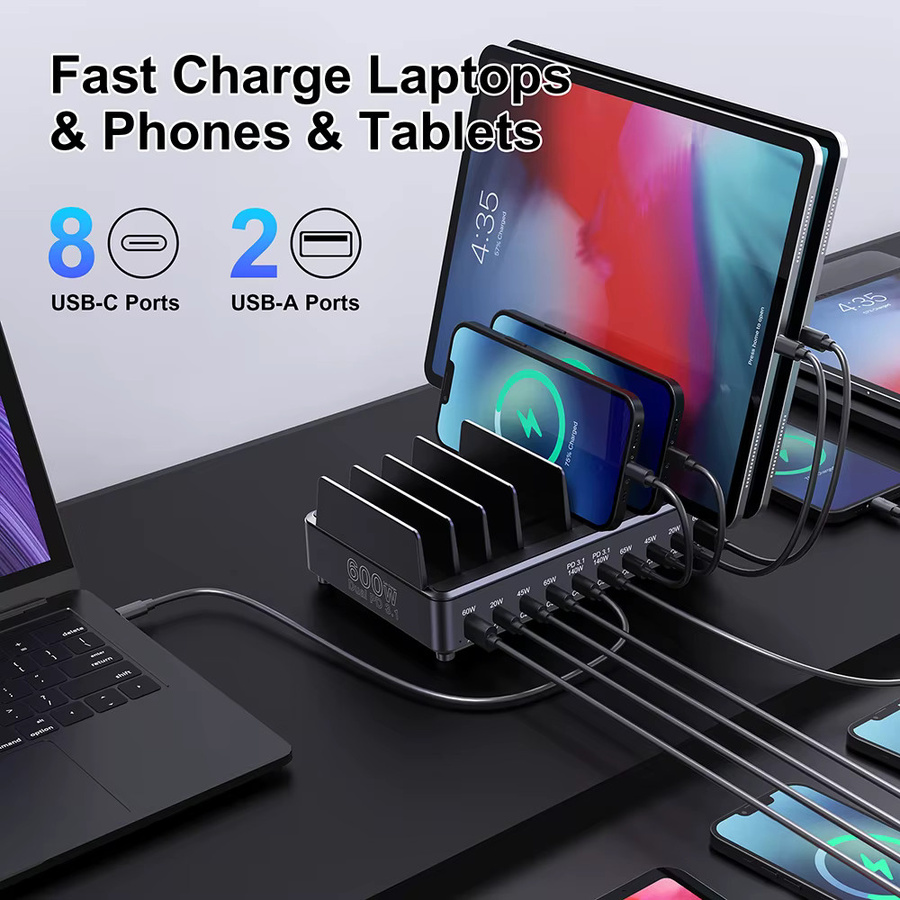 Ueetop 600 W Multi-USB-Schnellladegerät mit 10 Ports, GaN PD 3.1 Ladestation in Schwarz für MacBook, iPhone, iPad, Samsung und Laptop - Bild 2