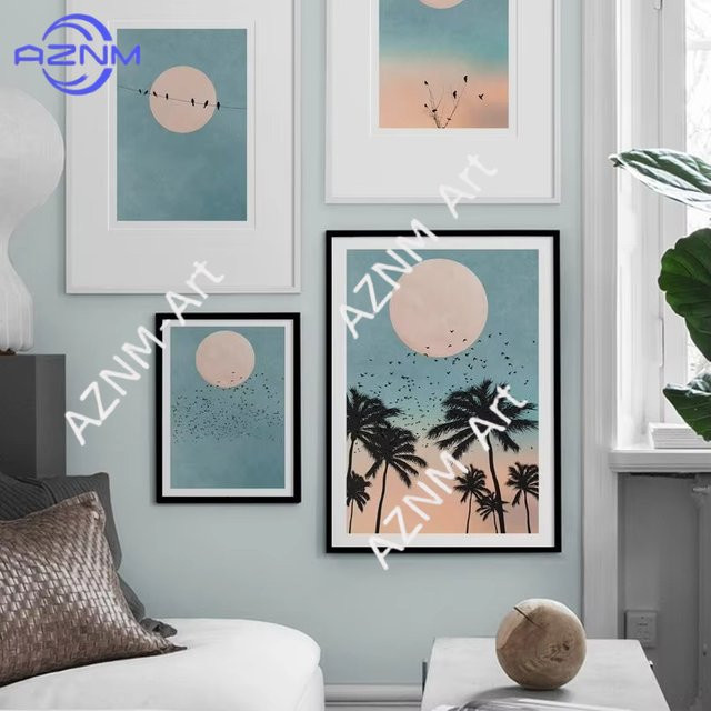 AZNM Leinwandgemälde Strandpalmen und Vögel im Mondlicht in Blau im nordischen Stil als Wandkunst für dein Wohnzimmer - Bild 1