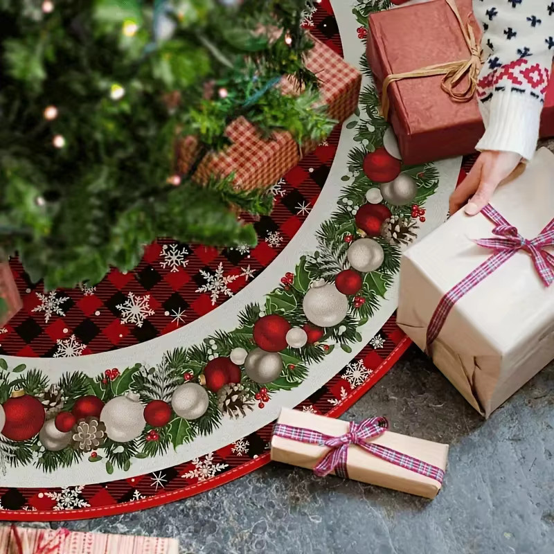 VIKAMA Weihnachtsbaumrock mit festlichen Motiven in Rot und Karo-Design aus Textil für drinnen und draußen - Bild 2