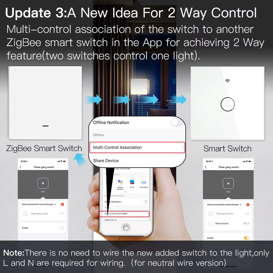 MOES Tuya ZigBee Smart Lichtschalter ohne Neutralleiter, kompatibel mit Alexa und Google Home, in Weiß oder Grau - Bild 3