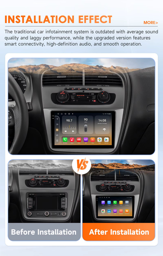 OSSURET Android 14 Autoradio mit 9 Zoll Display und 360-Grad-Kamera für Seat Altea 2004-2015 und Toledo 2004-2009, Multimedia-Player mit CarPlay und Android Auto, Schwarz - Bild 2